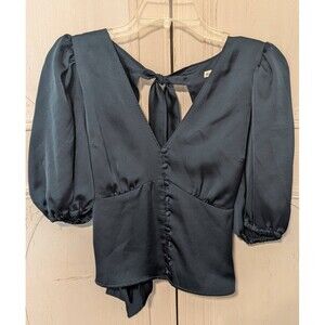Abercrombie & Fitch Blue Silk Satin V-neck Puff Sleeve Tie Back Blouse Top Sz S